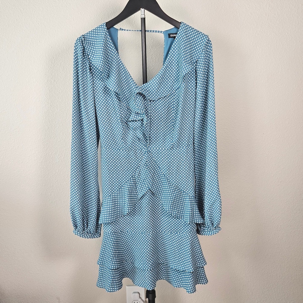 Express Polka Dot Ruffle Mini Dress Womens 6 Teal Long Sleeve Tiered Cottagecore